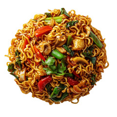 Lifelike preparation of mi goreng stir fried noodles with colorful vegetables