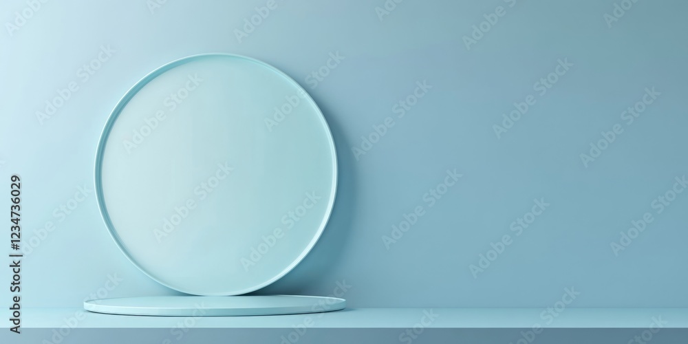 Poster minimalistic blue background with two circular plates, one resting on the surface and the other lean