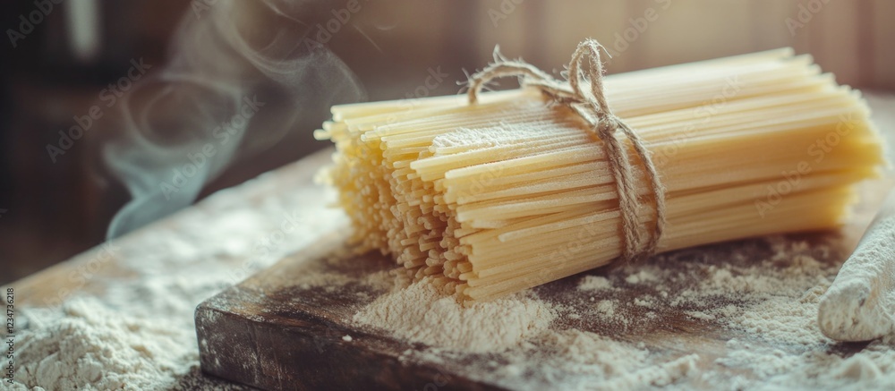 Poster bundle of uncooked spaghetti tied with twine on wooden board with flour and steam in background copy