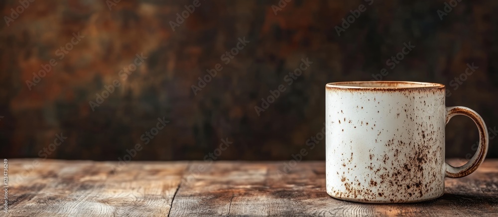 Poster rustic ceramic mug on wooden table with textured dark background and copy space for text placement