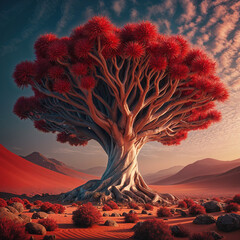 A dragon blood tree in a surreal desert landscape