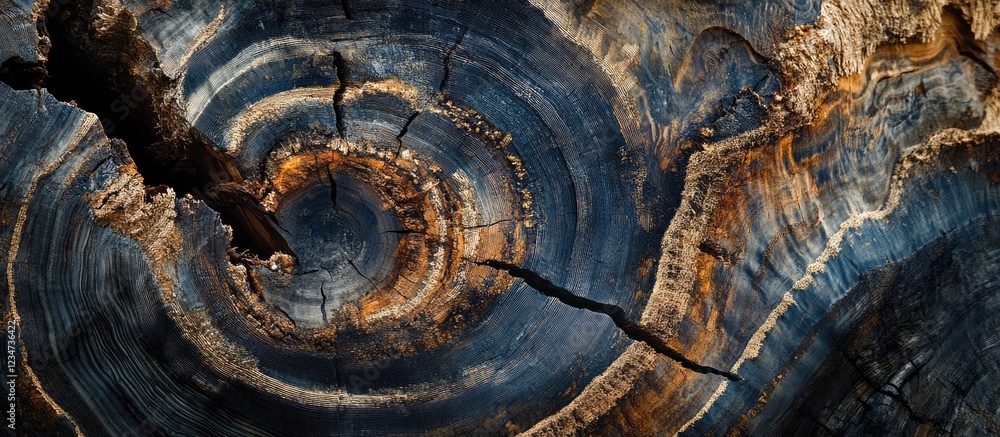 Poster close-up of polished cross-section of ancient tree trunk displaying detailed growth rings and natura