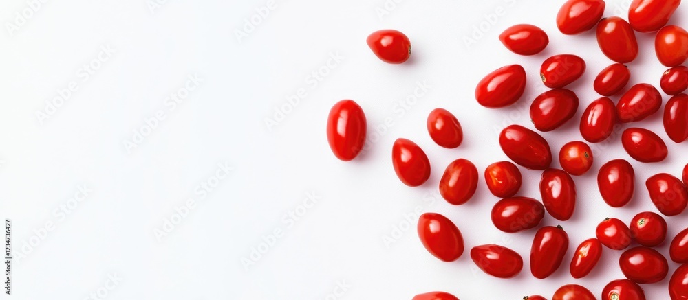 Poster red cherry tomatoes scattered on white background with ample copy space for text placement.