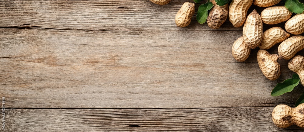 Poster peanuts in shell on wooden background with copy space for text or design elements