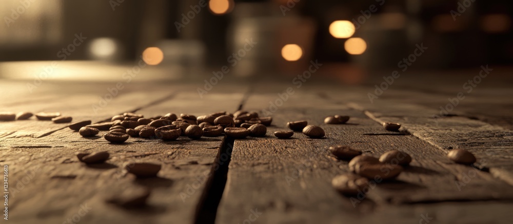 Poster coffee beans scattered on rustic wooden floor with warm bokeh lights in the background copy space