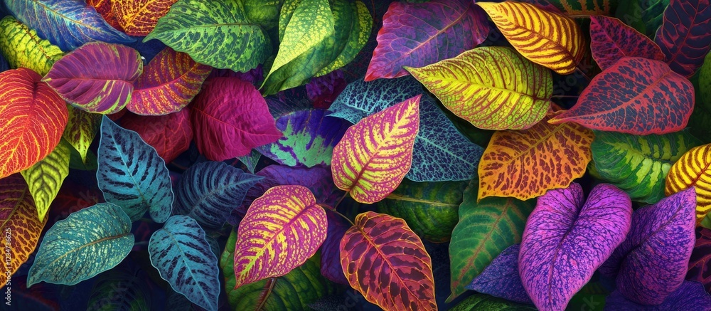Poster colorful assortment of vibrant leaves with intricate patterns on a dark background copy space