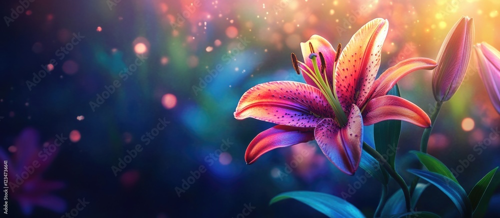 Poster vibrant pink lily flower illuminated by soft bokeh lights on dark blurred background with ample copy