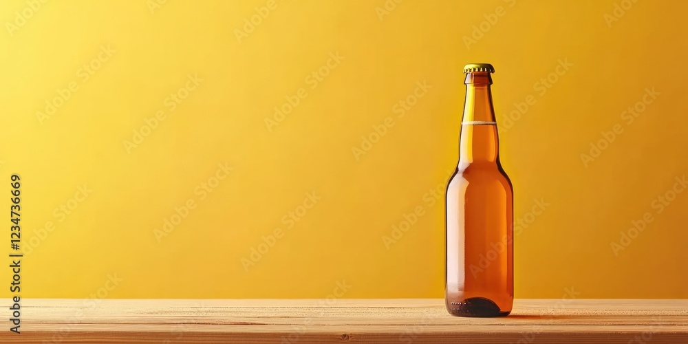 Poster isolated brown beer bottle on wooden table with solid yellow background and ample copy space for tex
