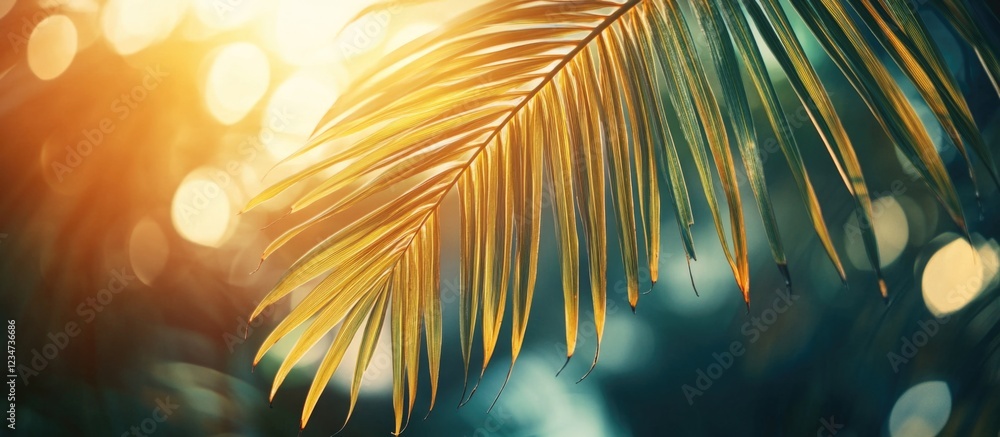 Poster tropical palm leaf with sunlight glowing through in a bokeh background with copy space for text plac