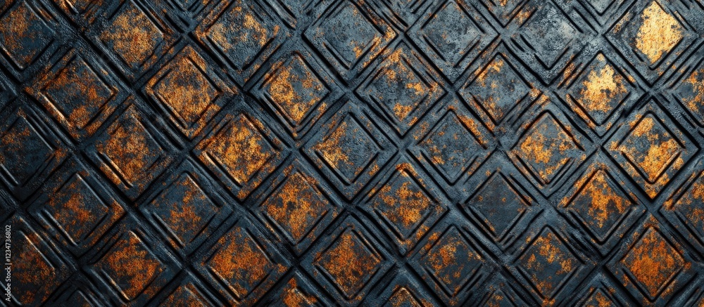 Poster textured background with diamond pattern featuring a mix of dark blue, black, and rusty orange tones