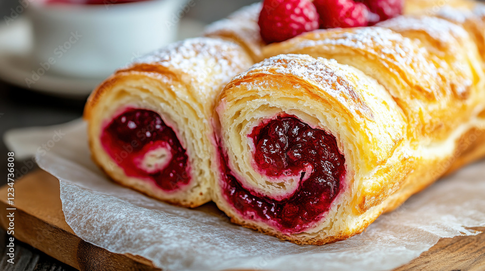 Poster jam roll, a close-up image of a freshly sliced jam roll, showcasing its texture and vibrant colors i