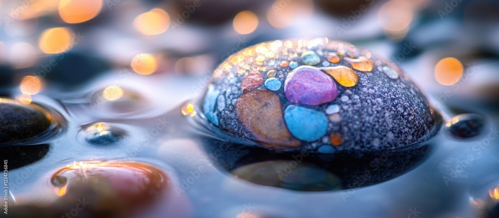 Poster colorful decorative stone on wet surface with bokeh background and copy space for text.