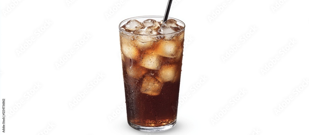 Poster cold beverage in a tall glass with ice cubes and a straw on a plain white background with copy space