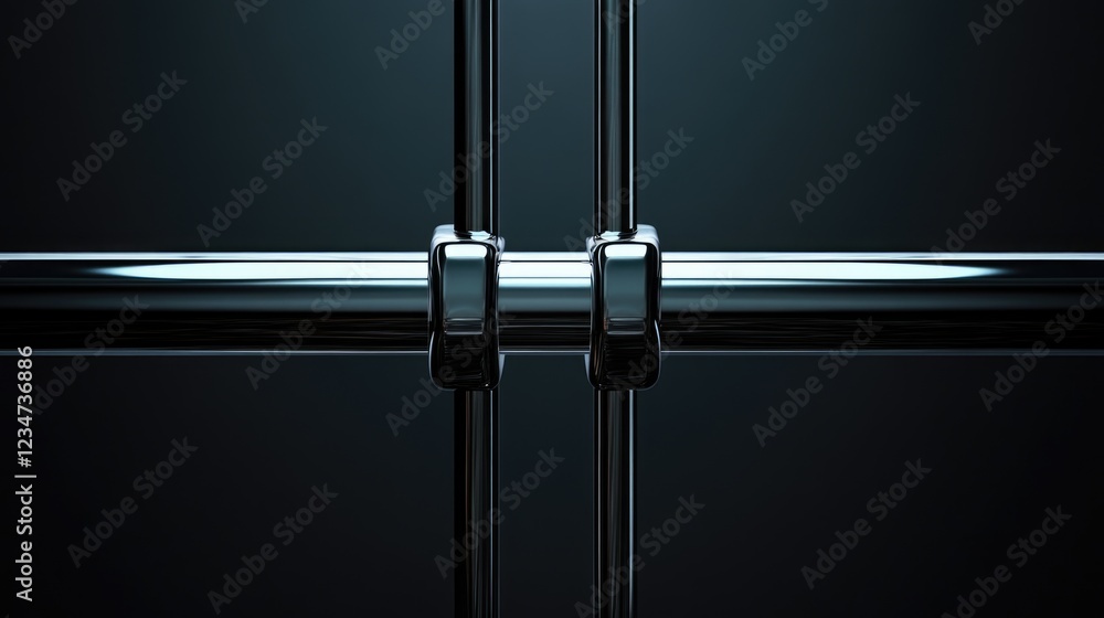 Poster close-up of two polished metal rods intersecting on a dark background with reflective surfaces and c
