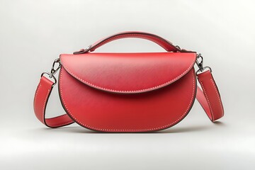 Chic coral red saddle bag with a sleek design and adjustable strap, presented on a white backdrop.