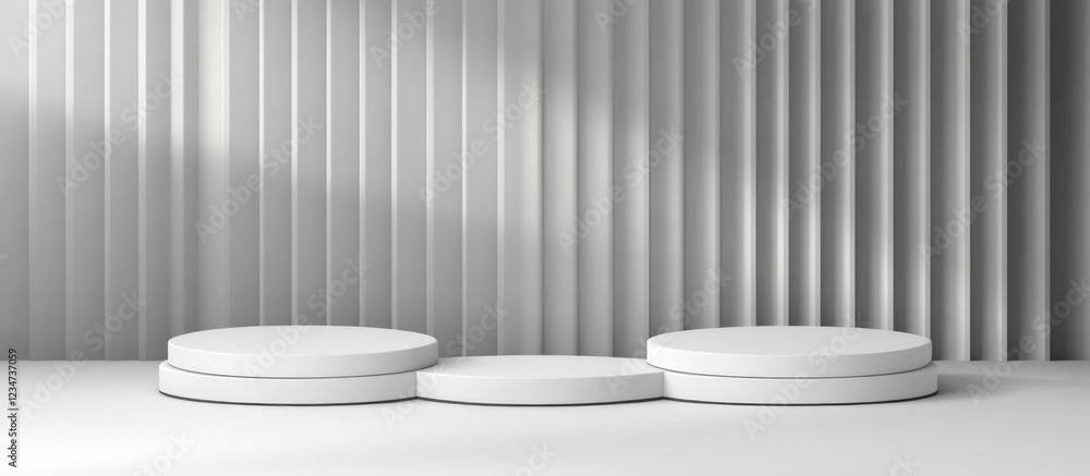 Poster modern minimalistic display podiums in a bright white interior with vertical lines and copy space.