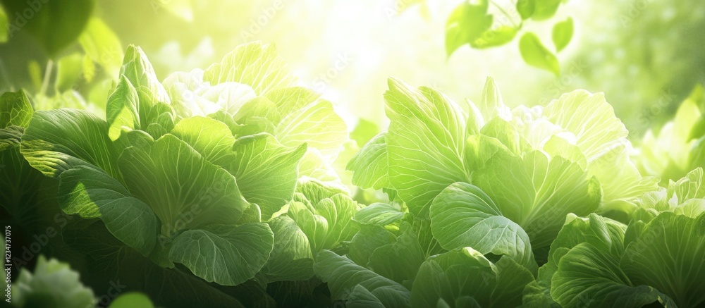 Poster fresh green lettuce leaves with sunlight filtering through the foliage and soft bokeh background. co