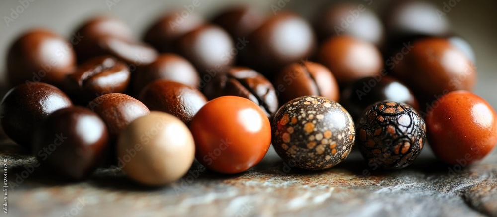 Aufkleber multicolored wooden beads arranged on a textured surface with copy space for text placement.
