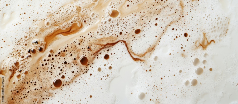 Poster abstract fluid art with brown and beige swirls and bubbles on a white background featuring copy spac