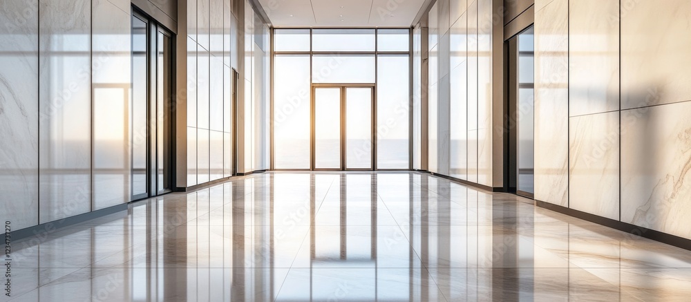 Poster modern empty corridor with large windows and polished floor reflecting sunlight, contemporary archit