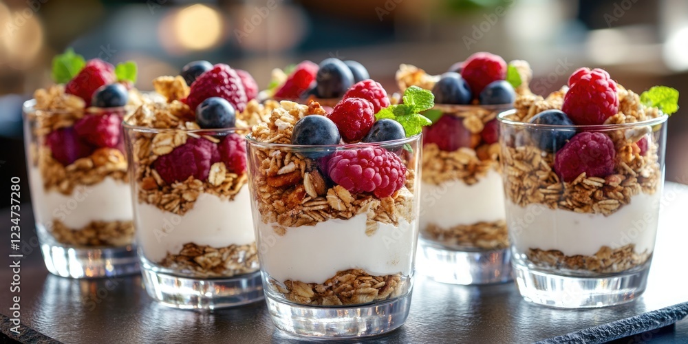 Poster mason jars filled with yogurt granola and mixed berries with copy space for text on a dark backgroun