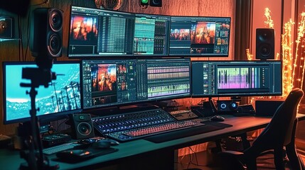 Modern video editing setup with multiple monitors displaying movie effects, a mixing desk, and audio gear. 