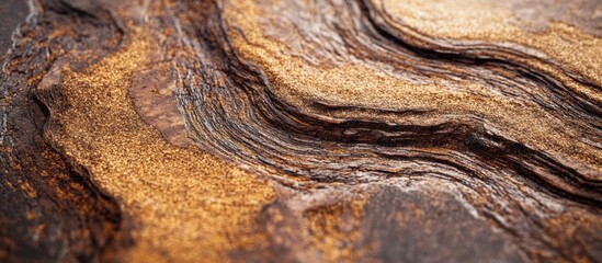Obraz premium Close-up view of textured layered wood surface with rich brown and gold tones and copy space for text