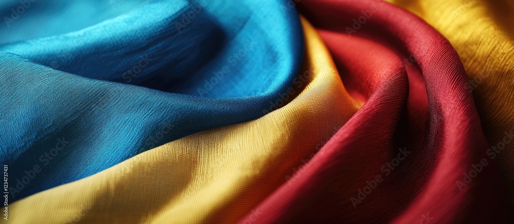 Aufkleber close-up of folded colorful fabric textiles in blue, yellow, and red with smooth texture and copy sp