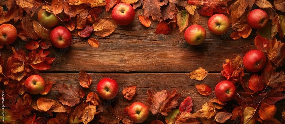 Poster autumn composition with red apples and dried leaves on wooden background with copy space for text pl