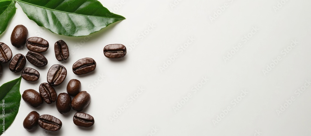 Poster coffee beans and green leaves on a light background with copy space for text placement.