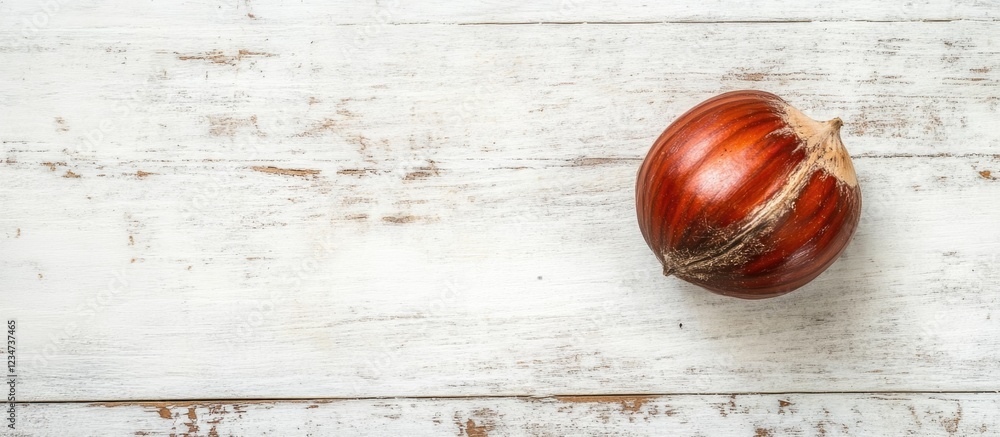 Poster red onion on rustic wooden table with ample copy space for text placement