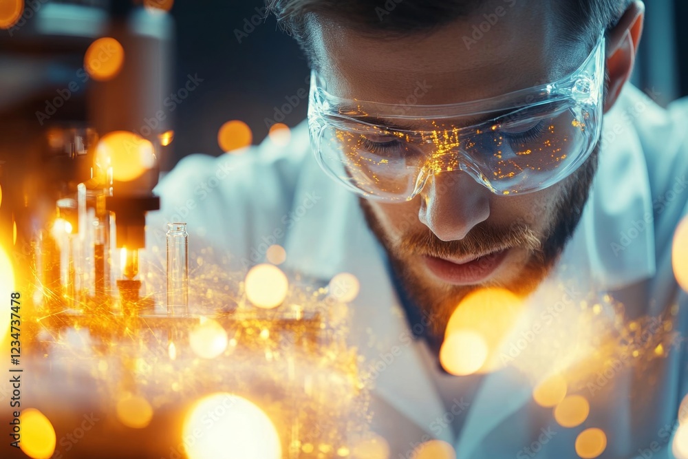 Poster a scientist carefully conducting an experiment, with glowing test tubes and advanced equipment in a 