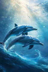 Fototapeta premium A pod of dolphins swimming in the ocean.