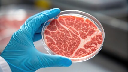 Gloved hand holding a petri dish filled with lab grown meat, illustrating breakthroughs in cellular agriculture and innovations in sustainable food production technology