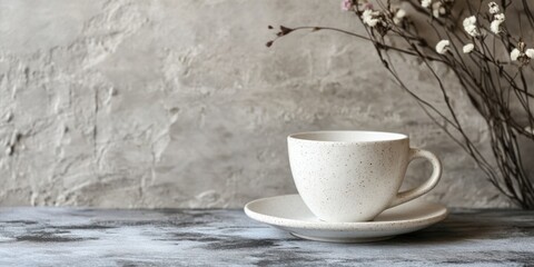 Decorative white ceramic coffee cup and saucer on textured surface with dried flowers in background Copy Space