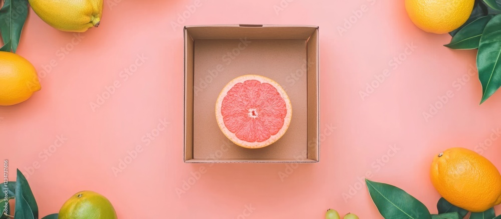 Poster grapefruit in cardboard box surrounded by fresh lemons on pink background with copy space for text