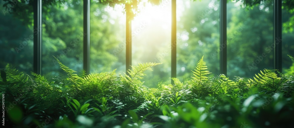 Poster sunlight filtering through glass windows in a lush green forest with ferns and plants illuminated by