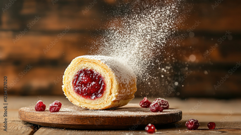 Poster jam roll, a detailed image of a floating jam roll slice dusted with powdered sugar, presented in hig