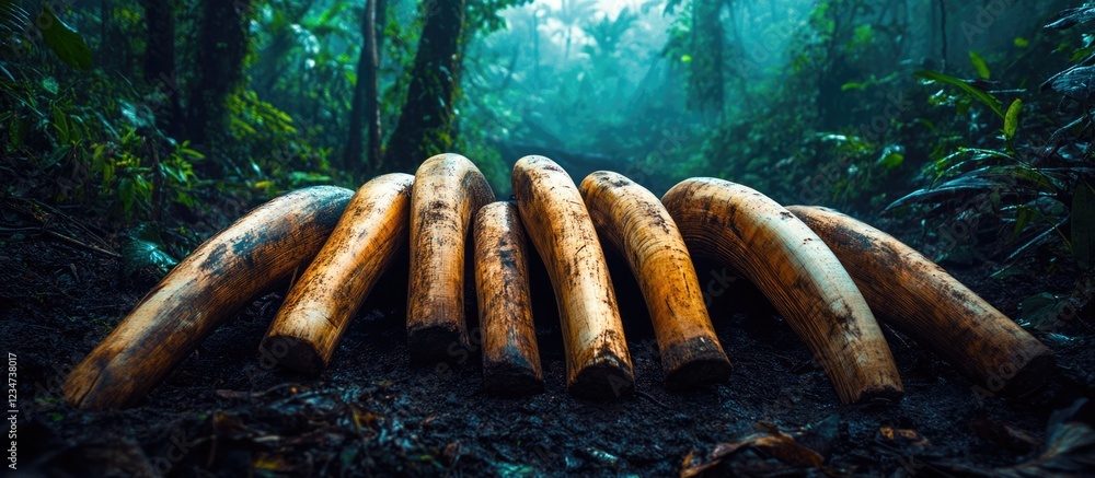 Poster ivory tusks arranged on forest floor surrounded by dense green foliage with soft lighting and copy s