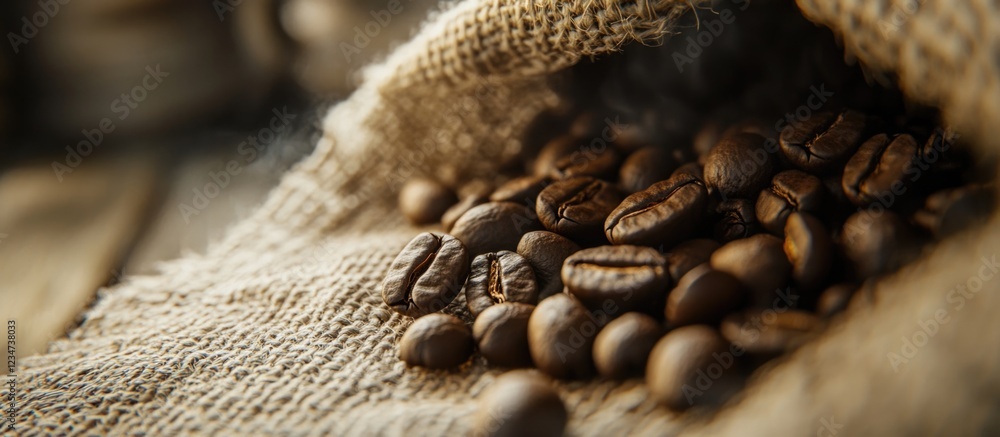 Poster coffee beans spilled on burlap fabric with a wooden background and soft focus creating a warm atmosp