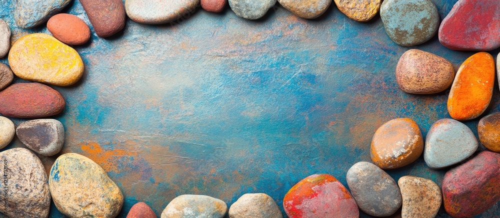 Poster colorful pebbles arranged in a circular frame on a blue textured background with copy space for text