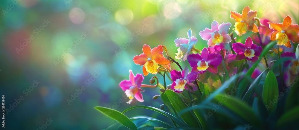 Poster colorful orchids blooming in natural light with blurred background and copy space for text insertion