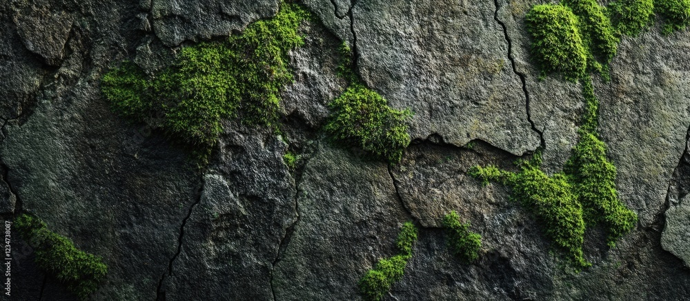 Poster moss covered rocky surface texture with natural patterns and copy space for text placement