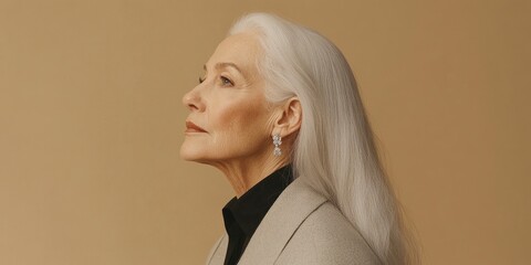 side view of an elegant older woman with long white hair, wearing diamond earrings and a light gray coat against beige background