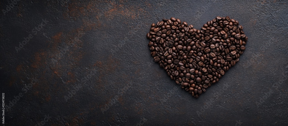 Poster heart shape made of coffee beans on dark textured background with copy space for text usage.