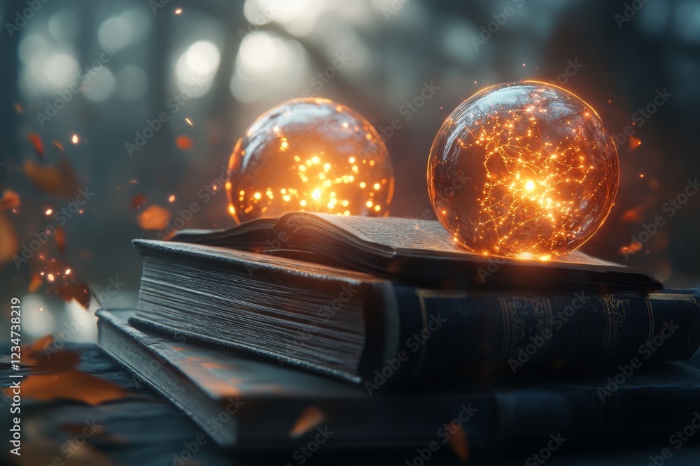 Poster a shadowy gothic library with ancient books stacked alongside glowing orbs, each orb connected to it