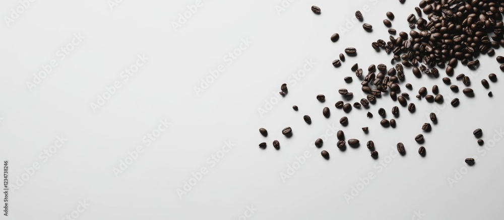 Poster black sesame seeds scattered on a white background with ample copy space for text insertion