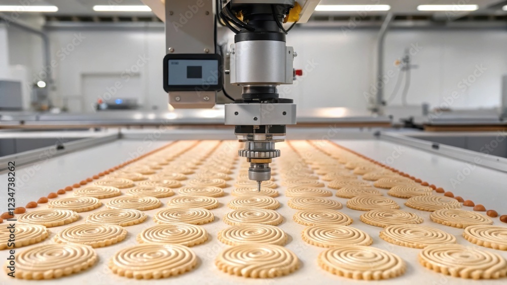 Poster robotic arm processing cookies on a conveyor belt inside a food processing plant, using a food print