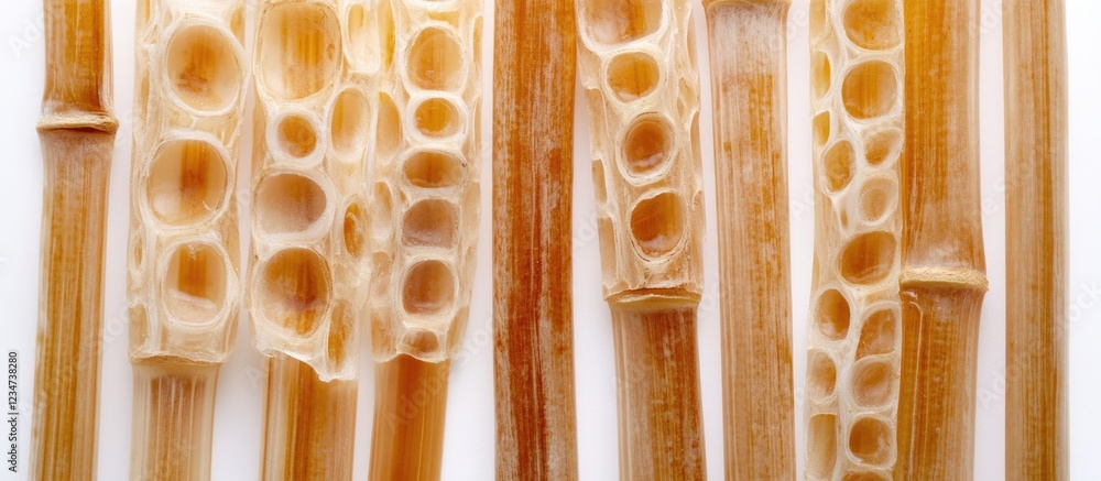 Poster abstract composition of hollow bamboo stems arranged vertically on a white background with copy spac