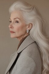 side view of an elegant older woman with long white hair, wearing diamond earrings and a light gray coat against beige background